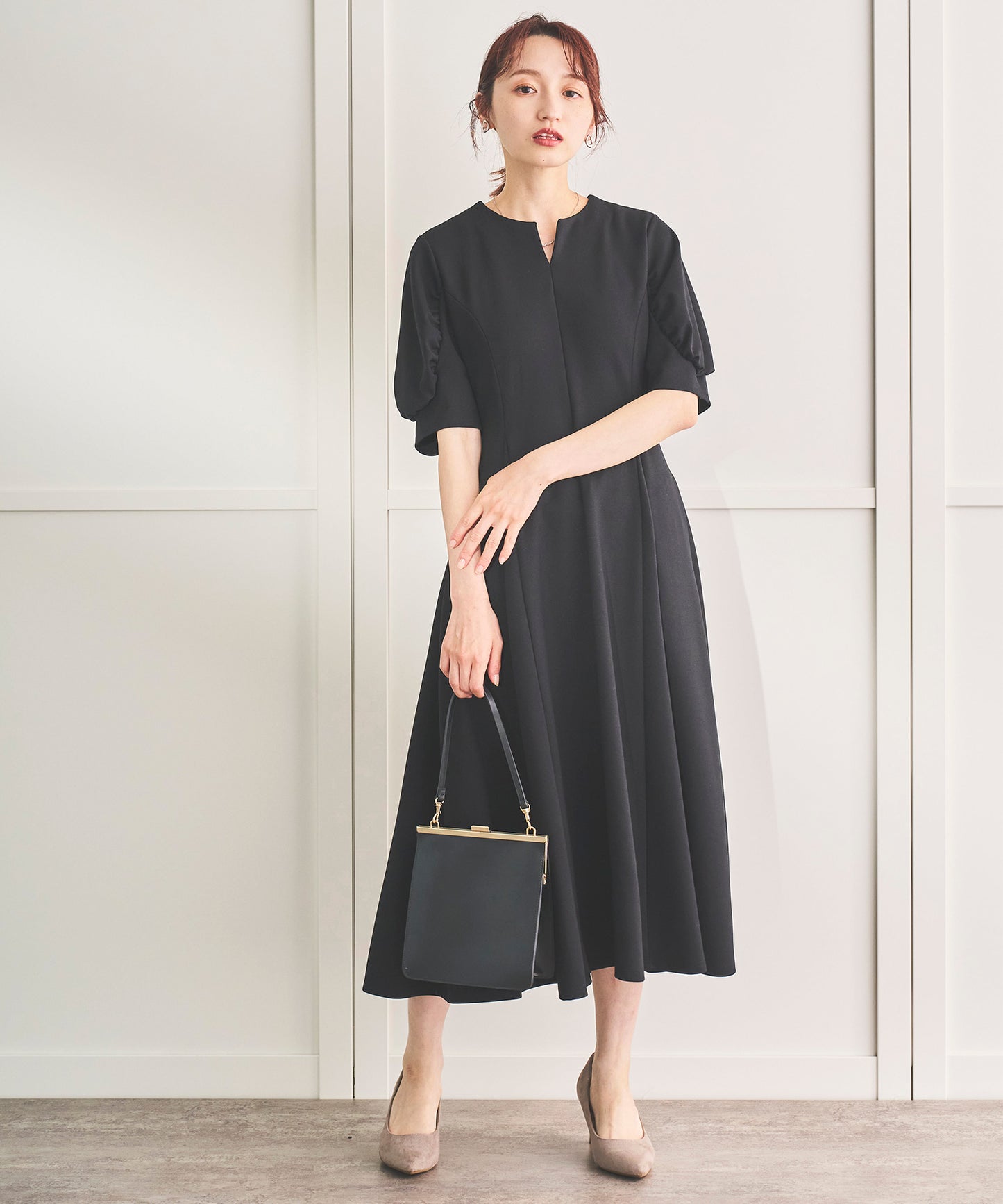 《予約商品》【手洗いOK・UVカット】ハーフパフ袖フレアワンピース