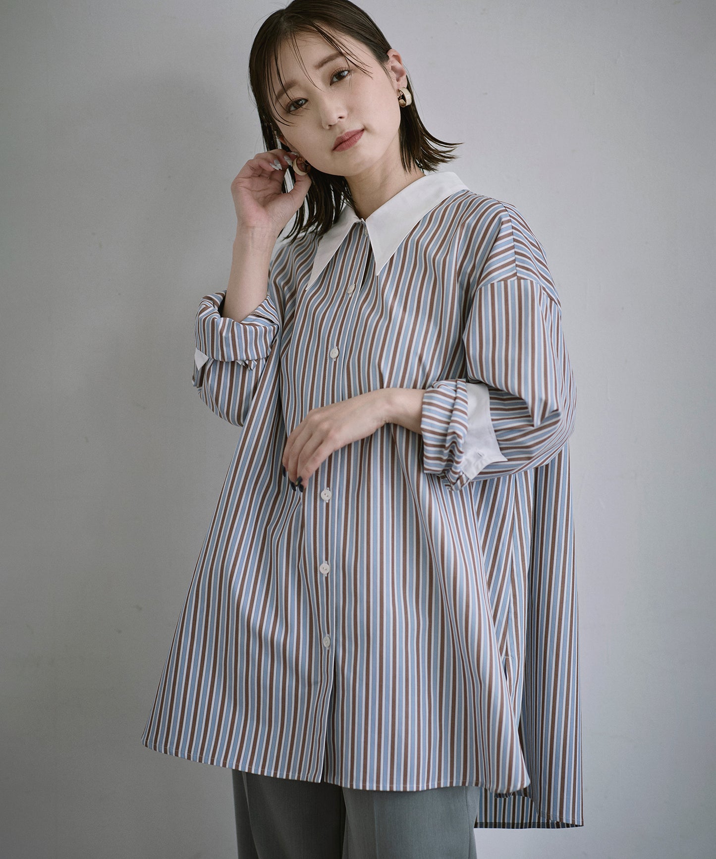 ⦅メディア掲載⦆【マルチストライプ柄】小柄ロングシャツ