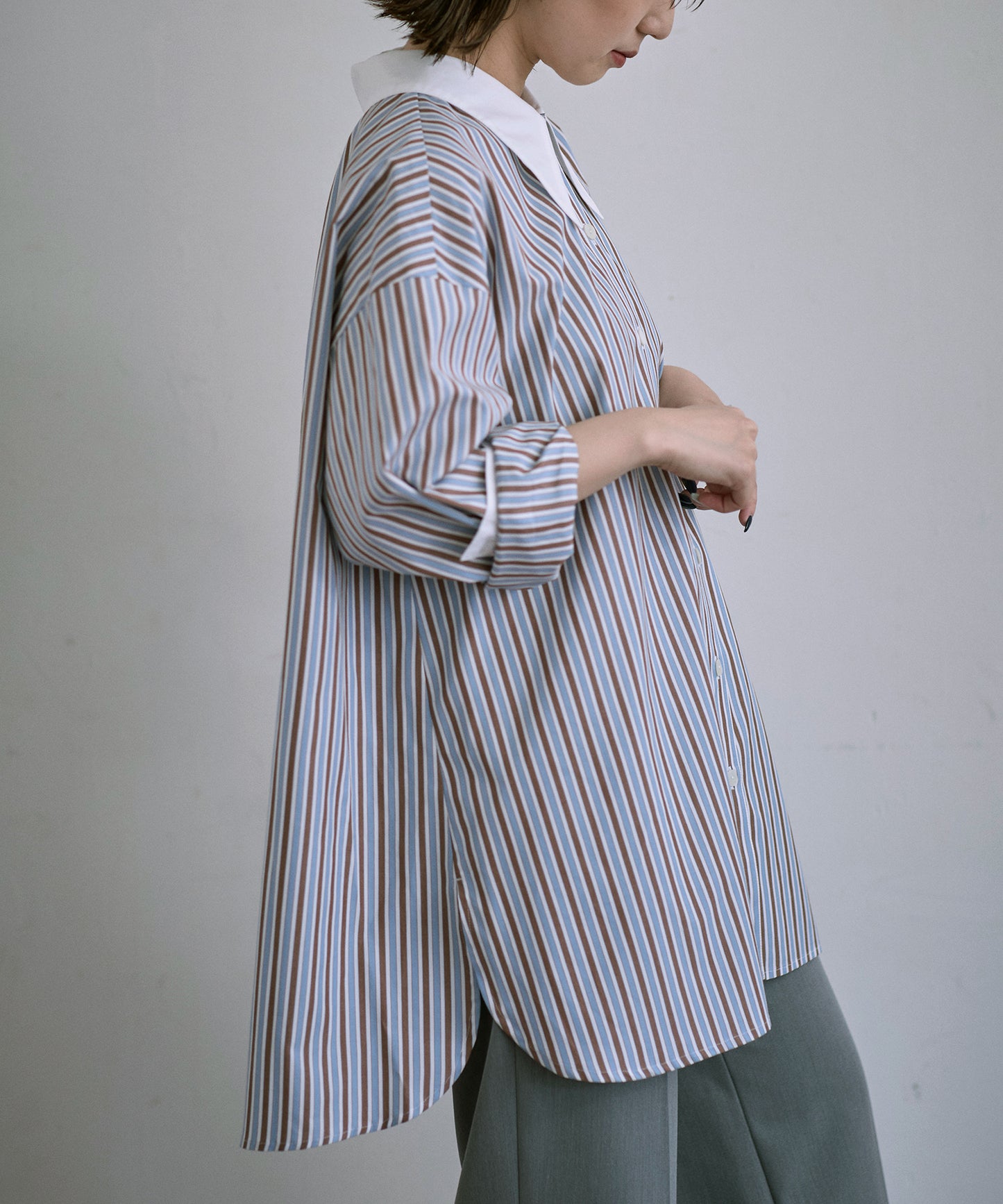 ⦅メディア掲載⦆【マルチストライプ柄】小柄ロングシャツ