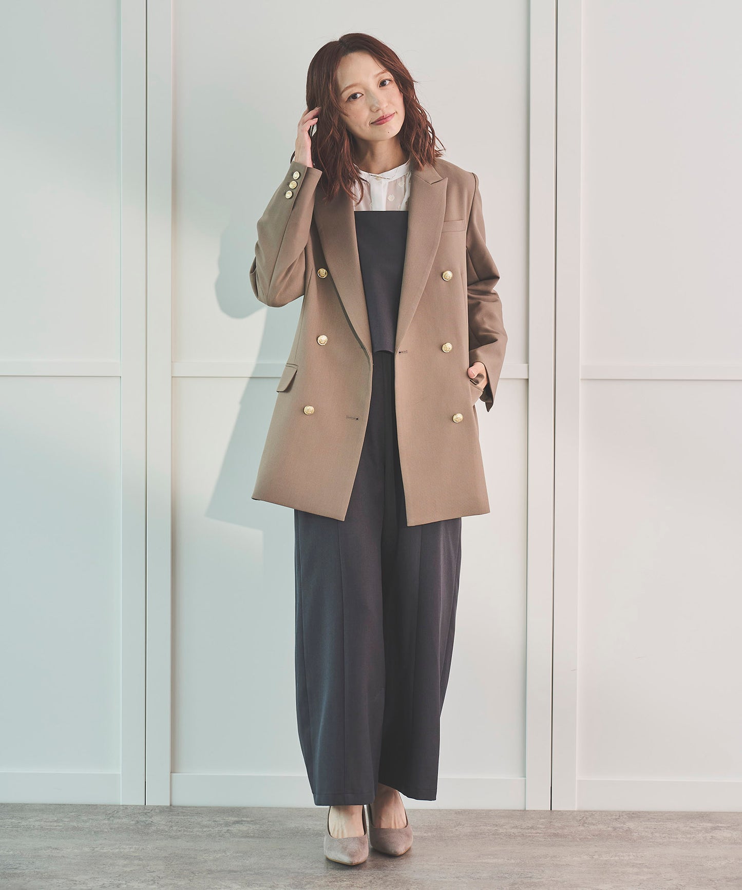 《予約商品 8/13 13:00まで10%OFF》ゴールドボタンロングダブルジャケット