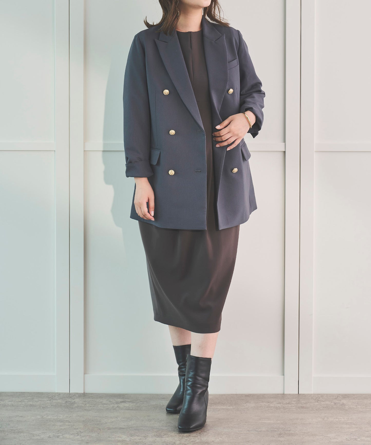 《予約商品 8/13 13:00まで10%OFF》ゴールドボタンロングダブルジャケット