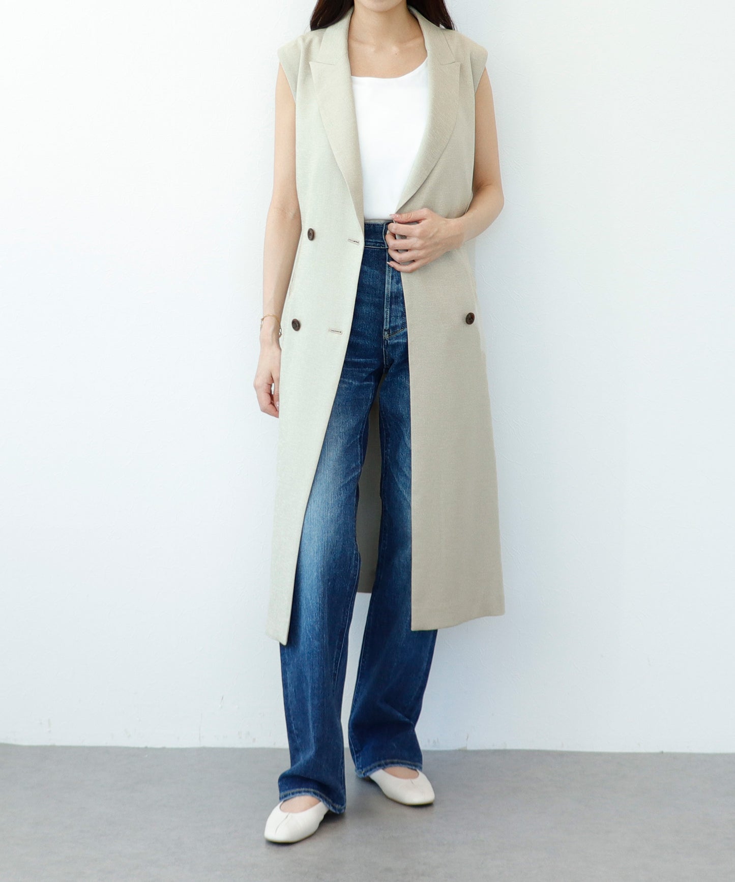 【cahoさんご紹介アイテム】セット対応 リネンライクテーラードロングジレ