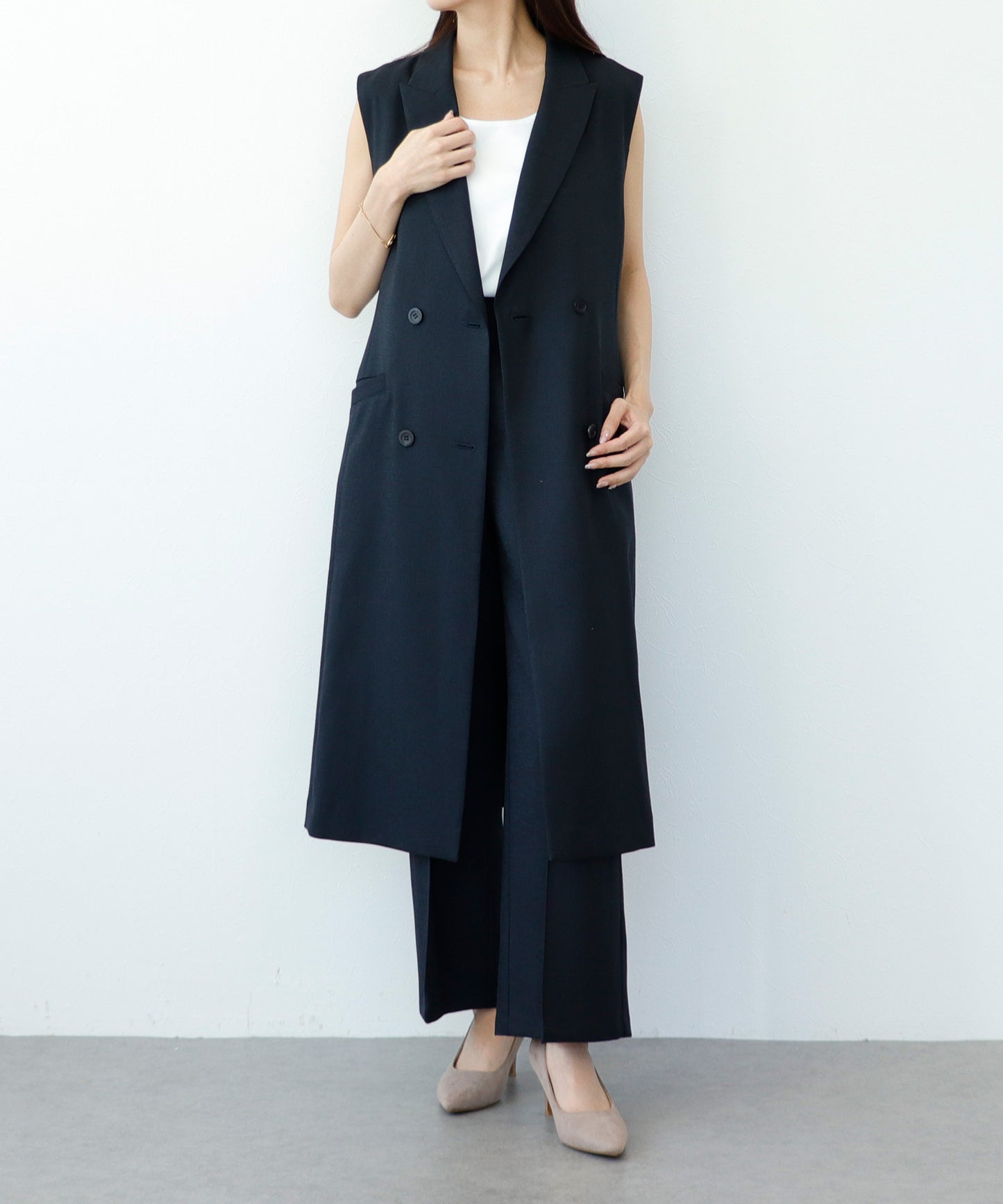【cahoさんご紹介アイテム】セット対応 リネンライクテーラードロングジレ