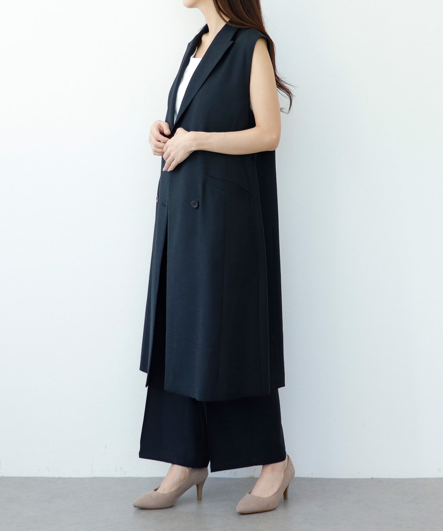 【cahoさんご紹介アイテム】セット対応 リネンライクテーラードロングジレ