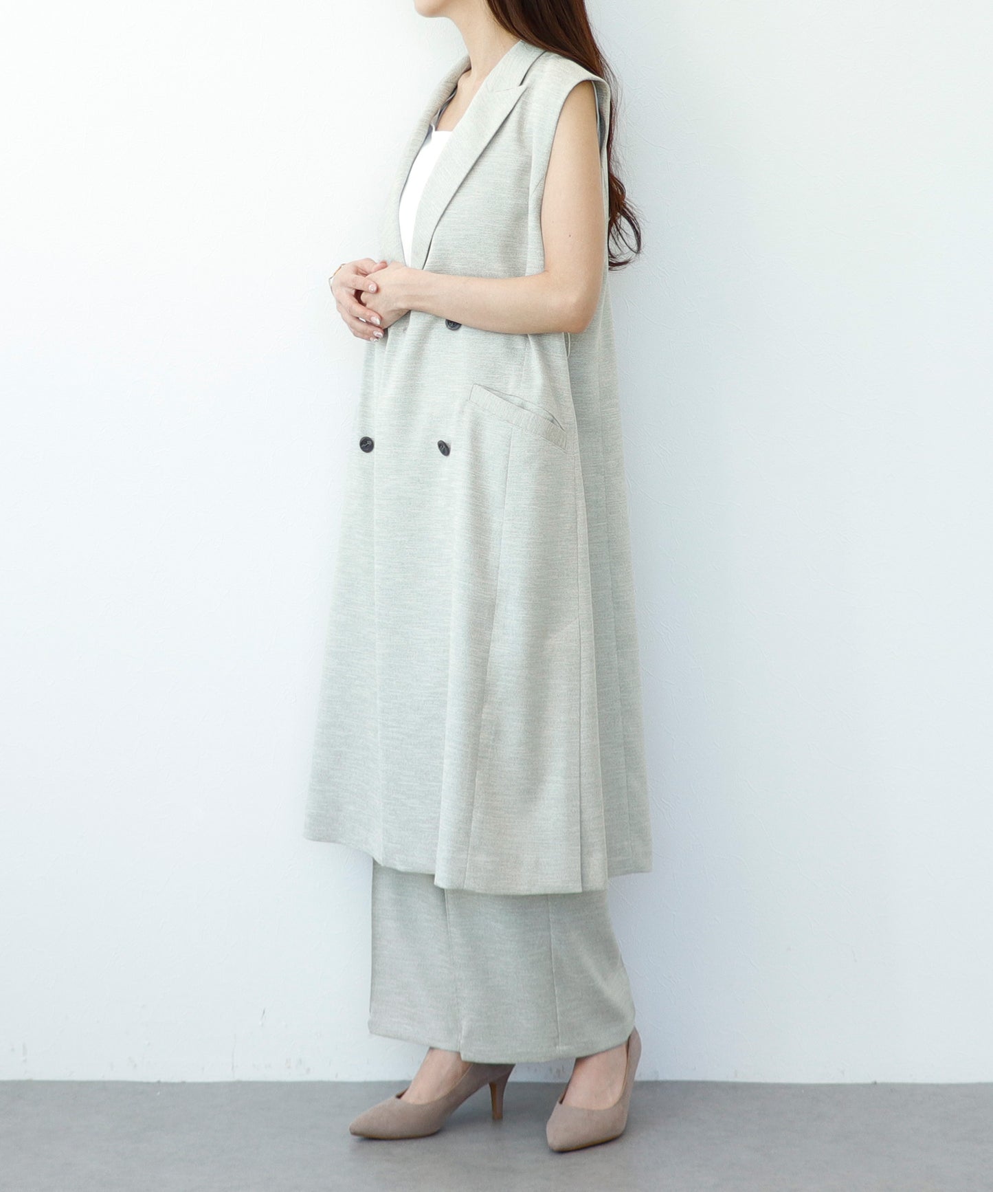 【cahoさんご紹介アイテム】セット対応 リネンライクテーラードロングジレ