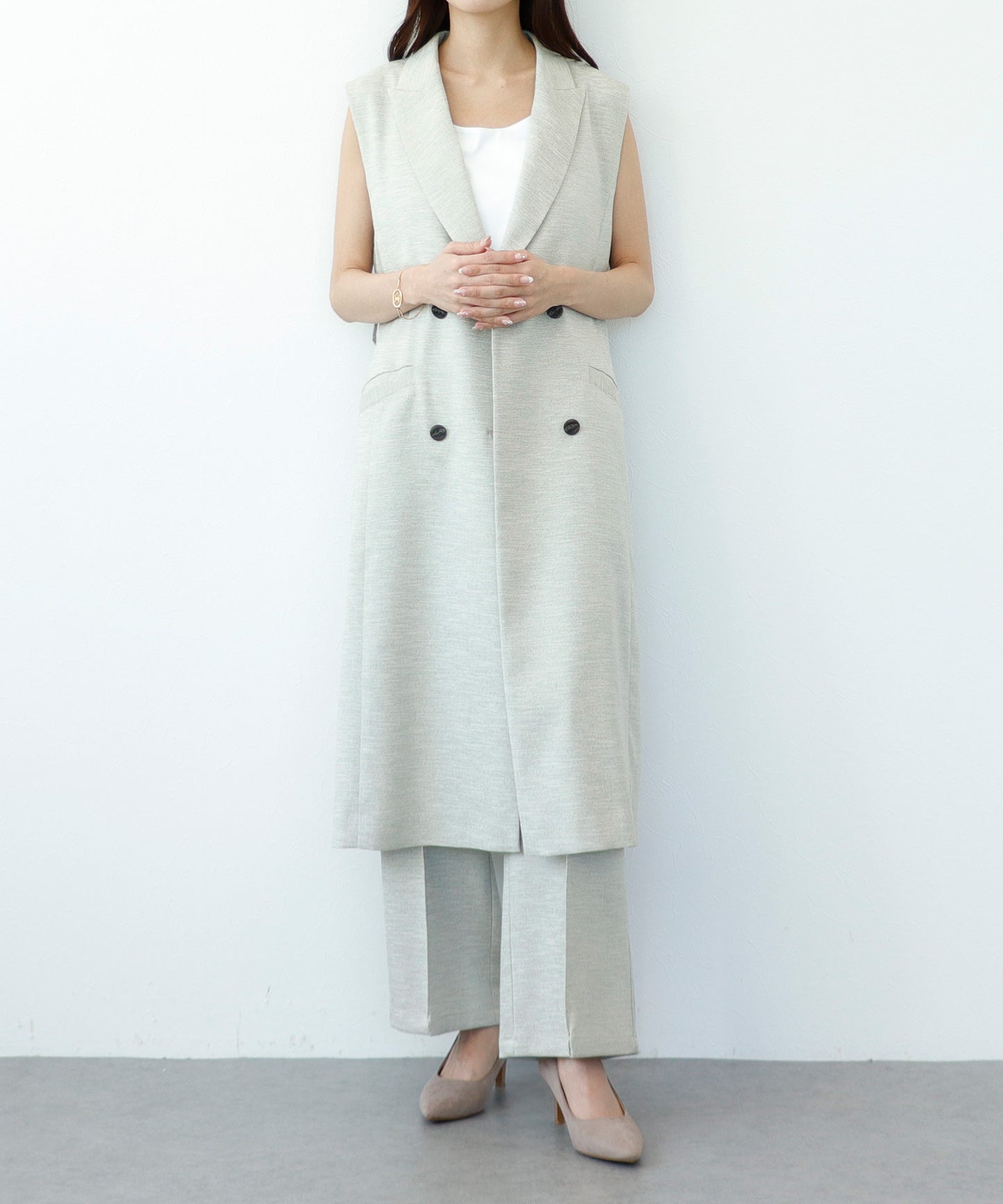 【cahoさんご紹介アイテム】セット対応 リネンライクテーラードロングジレ