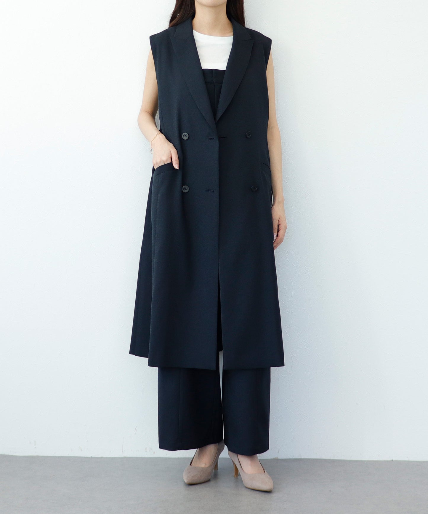 【cahoさんご紹介アイテム】セット対応 リネンライクテーラードロングジレ