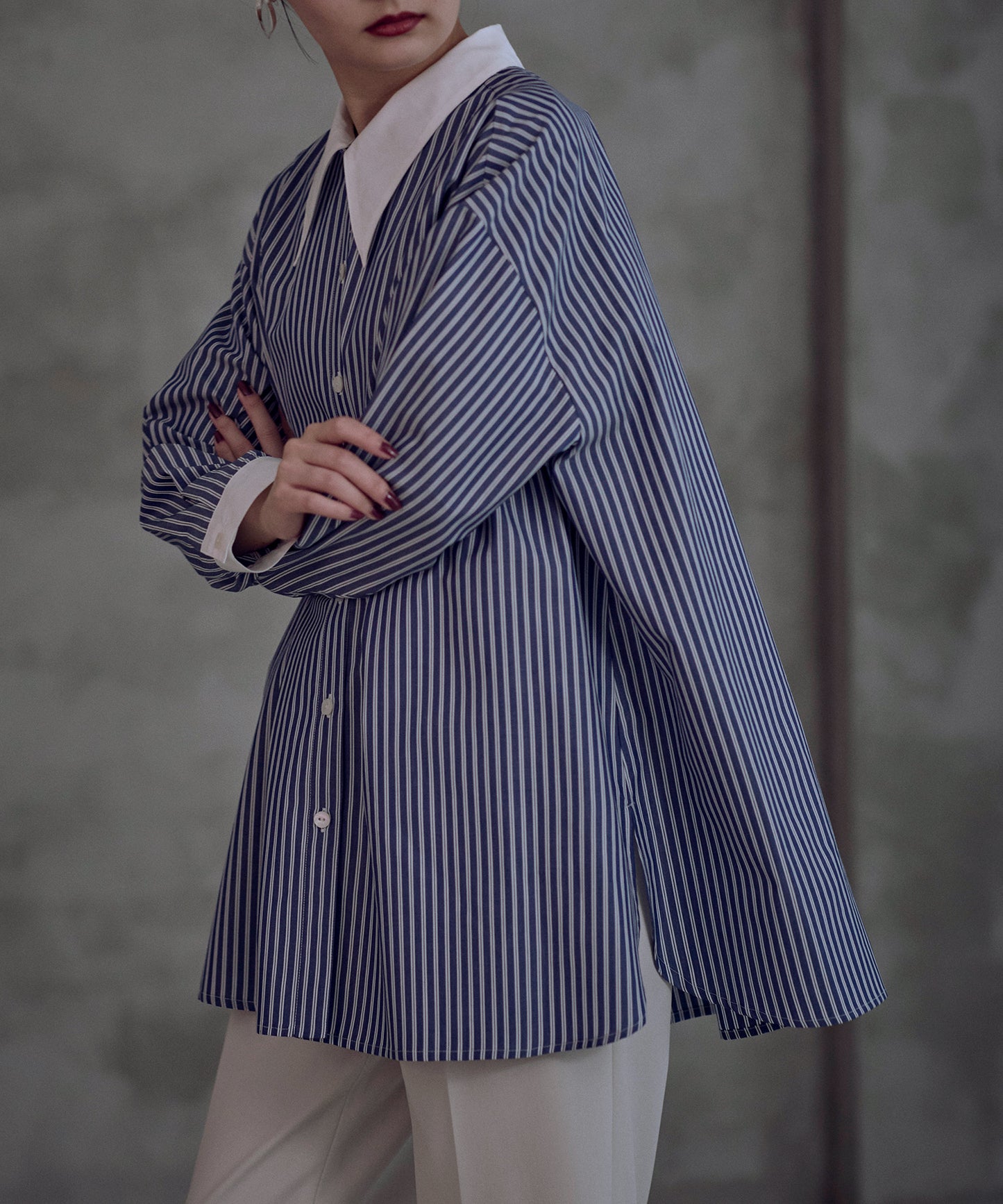 ⦅メディア掲載⦆【マルチストライプ柄】小柄ロングシャツ