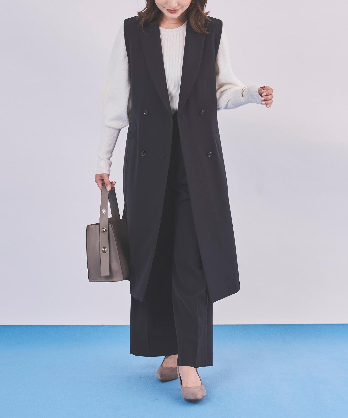 《予約商品 9/17 13:00まで10％OFF》【セット対応】ダブルクロステーラードロングジレ
