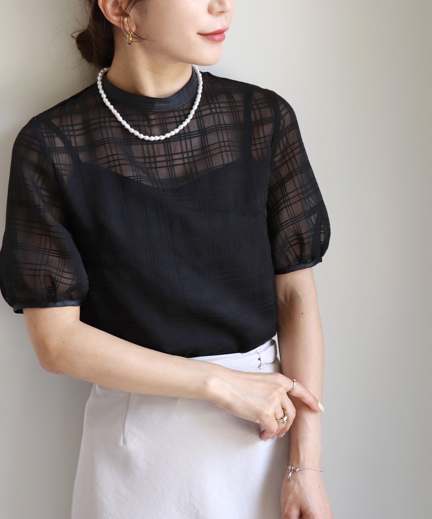 【新品タグ付】St.cecilia レースチェックシャツ ブラック 半袖 シアー シアーチェック半袖ブラウス – Sirin Online Store